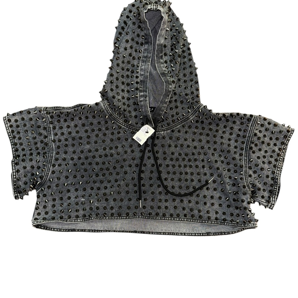 NWT Akira Turn It Up Cropped Spiked Studded Pullover Grey Wash Denim Hoodie S